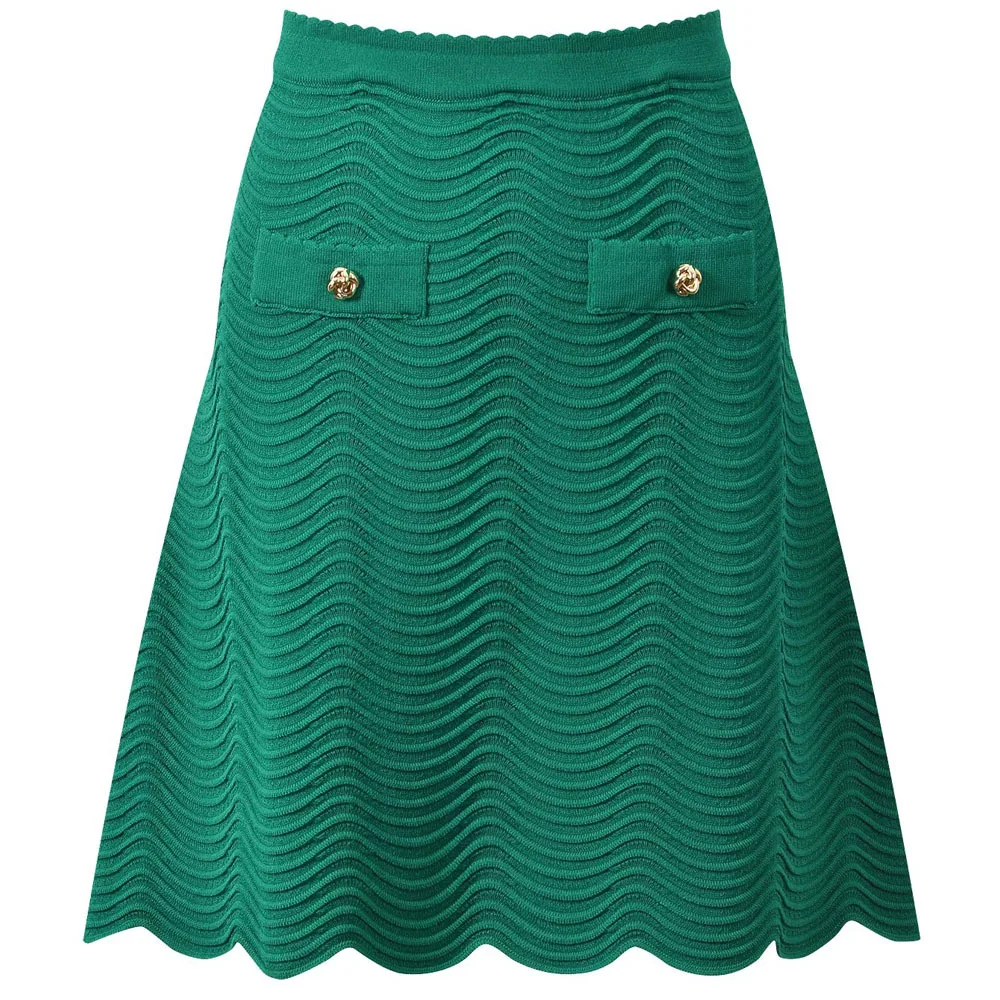 High Street 2pcs Set Summer Women's New Three-dimensional Wave Shaped Fashionable Knitted Sweater+A-line Knitted Half Skirt Set