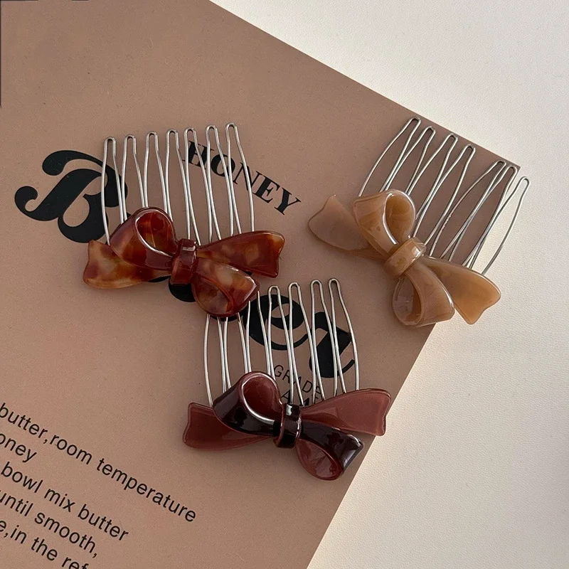Korean Simple Acetate Bow Hair Comb Clip 7 Teeth DIY Hair Accessories Hair Supplies Sweet Bow Inserted Comb Acetate Comb Clip