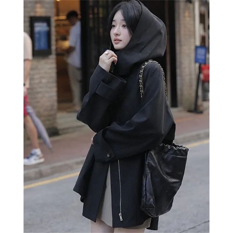 

Femme Fashion Zipper Windbreaker Top Spring Autumn Lady Large Size 4XL Lined Jacket Korean Women Hooded Patchwork Trench Outwear