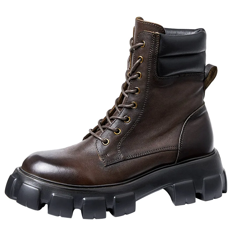 

Cowhide Thick-soled Boots Men Tide Short Boots Motorcycle Boots Tooling Boots High-top Slip on Genuine Leather Combat Boots