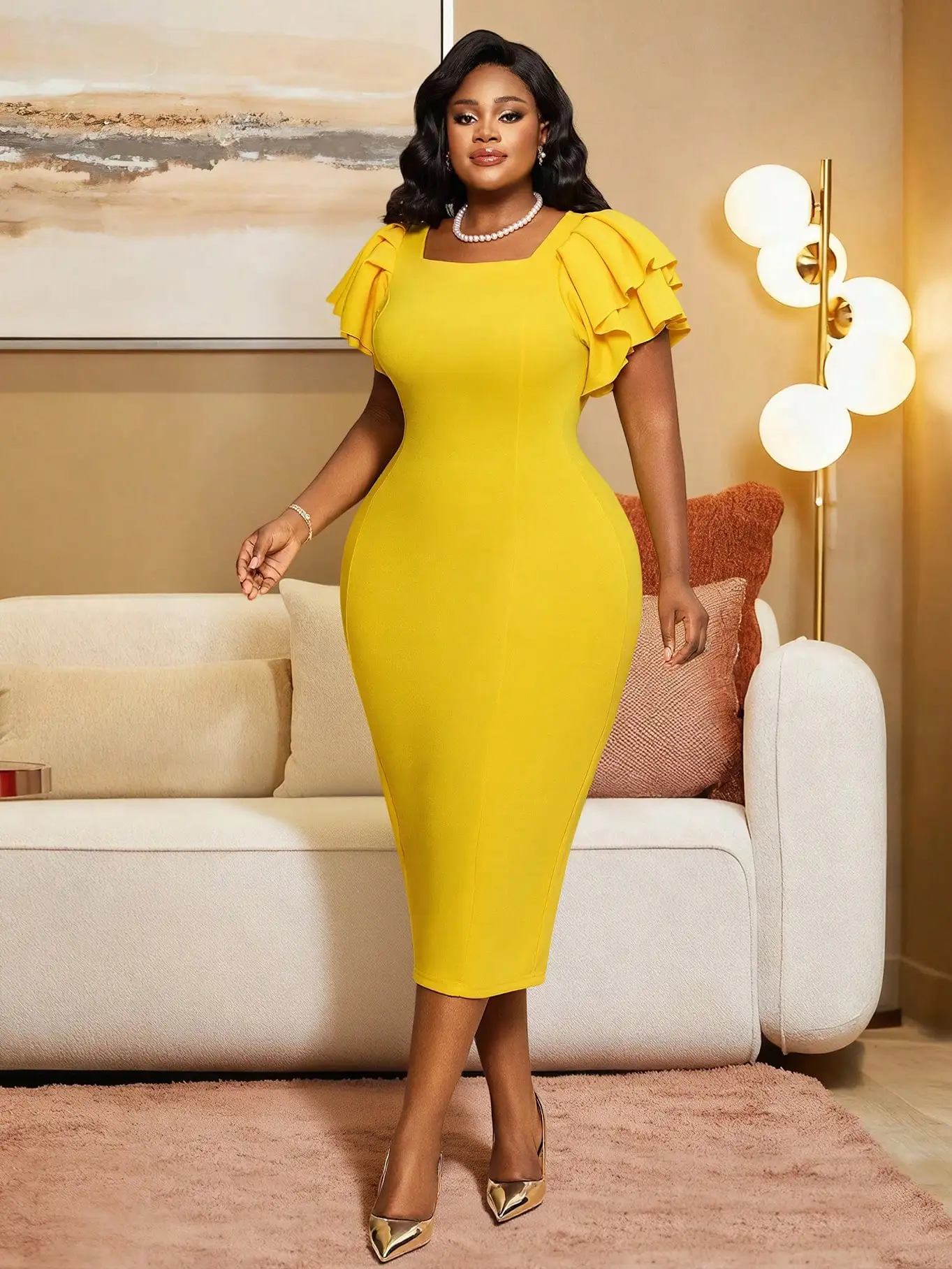 

Elegant Plus Size Bodycon Midi Dress With Ruffle Sleeve For Party Office Wedding