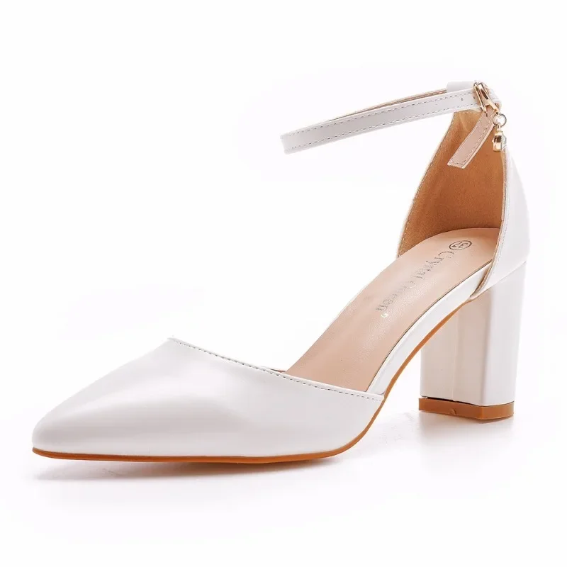 Crystal Queen Women 7.5CM Thick High Heels Sexy Pumps White Wedding Bride Shoes Pointed Toe Buckle Strap Sandals