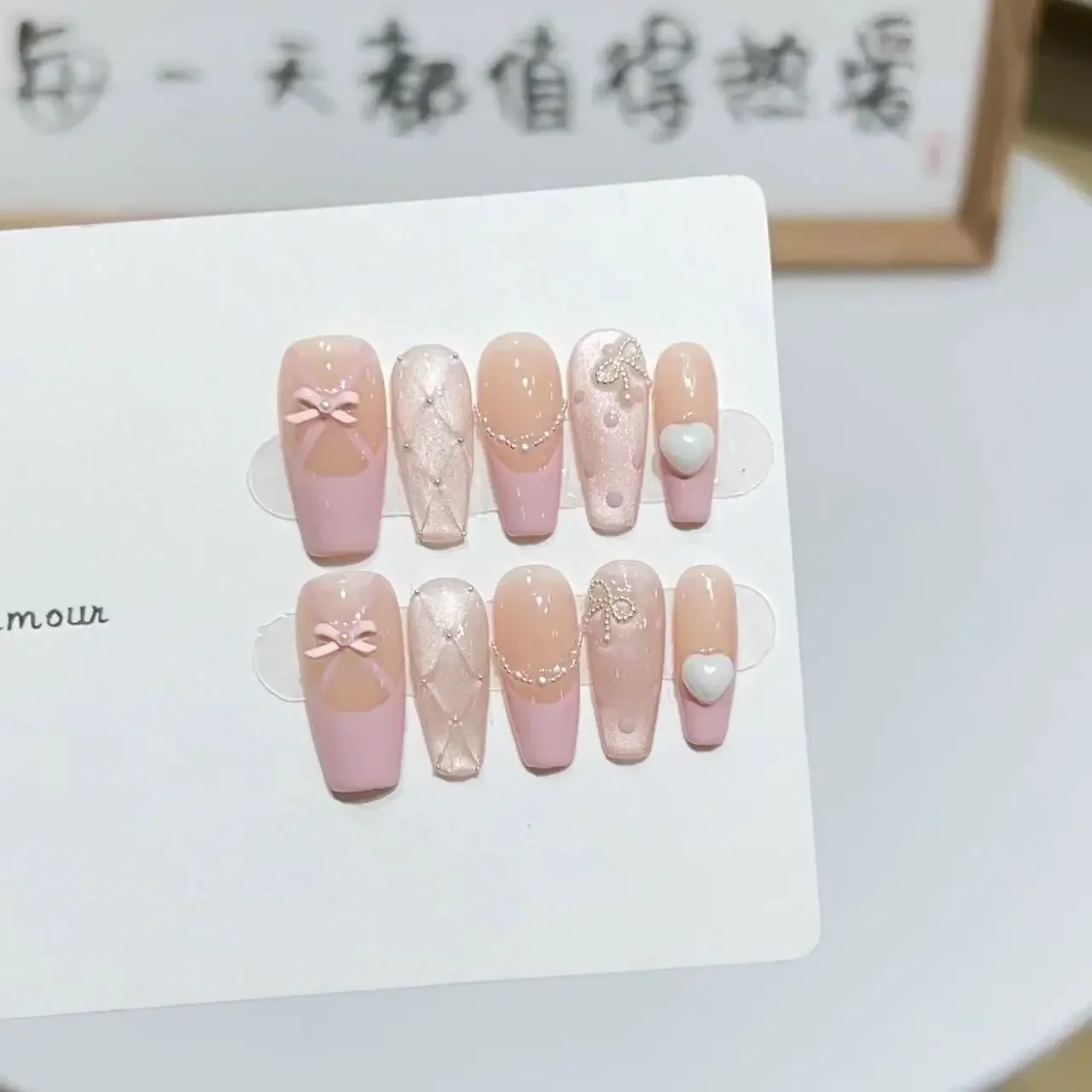 French Tip Press on False Nails Silver Nail Simple Fake Nail with White Bow Print Full Cover Stick on Nails Full Cover Nail Tips