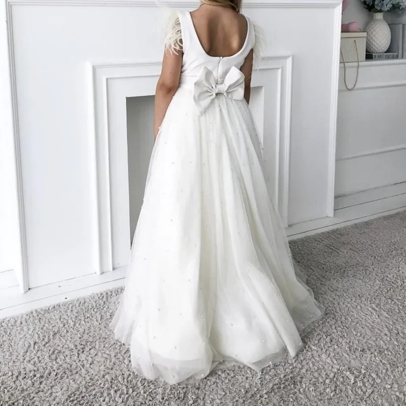 Customized White Flower Girls Dresses Sleeveless Pearls First Communion Floor Length Birthday Girls Dress for Party and Wedding