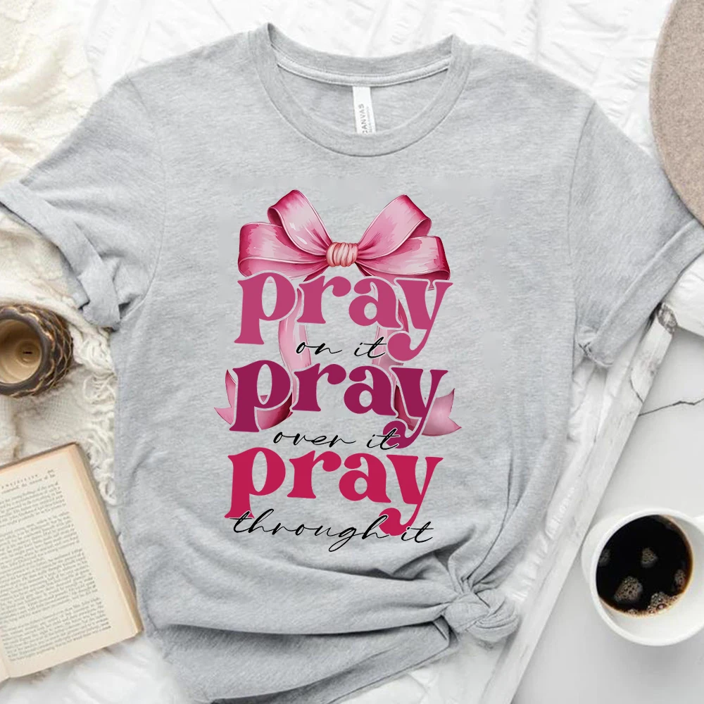 Super Cute Christian Shirts Pray on It Coquette Bow Bundle Tees Women's T-Shirts Lovely Pink Coquette Tops Love and Peace TShirt