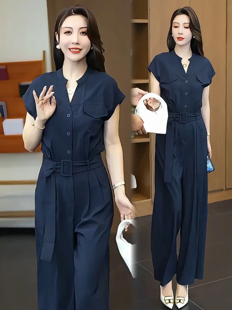 

Женский повседневный комбинезон Ele: Модный летний комплект с широкими брюками и высокой талией, комфортный и дышащий, новинка сезона