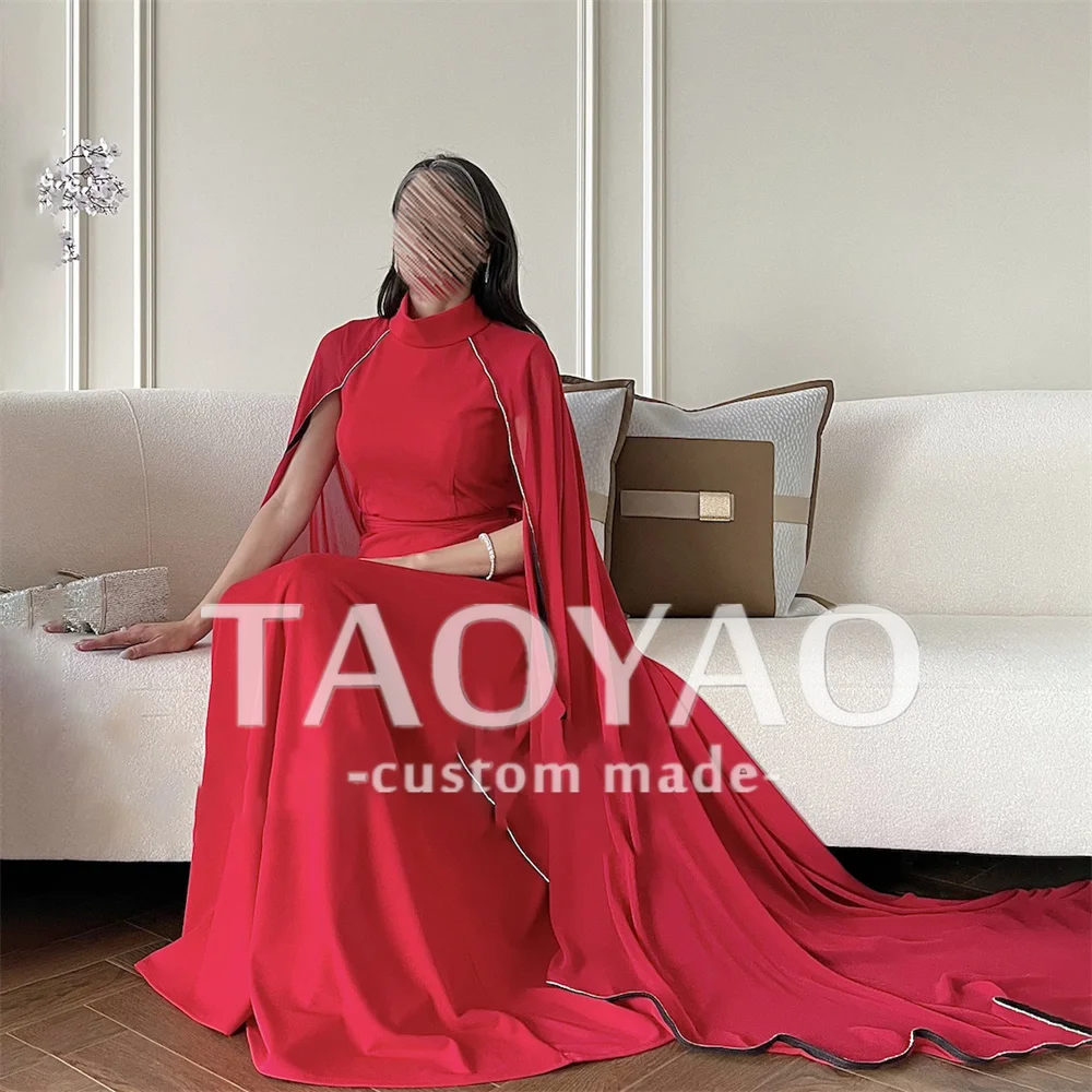 Customized A Line Evening Dresses High Neck Cape Sleeves Classic Wedding Dress Red Party Dresses Prom Dress Vestidos De Fiesta