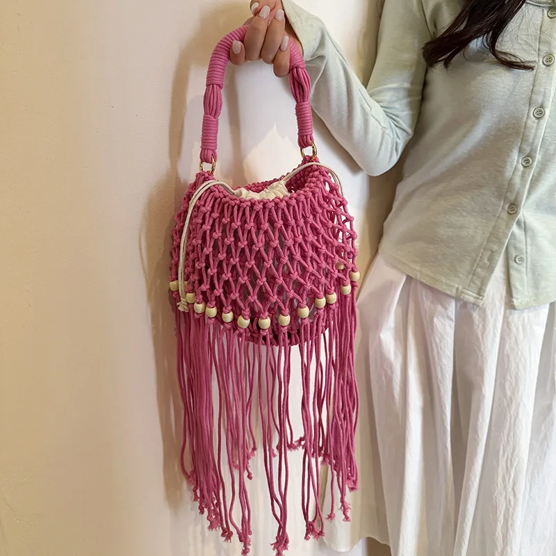 

Women's Rope-Woven Tassel Beaded Shoulder Bag Daily Casual Fashion Beach Bucket Shoulder Bag 2026 Summer New Handbags and Purses