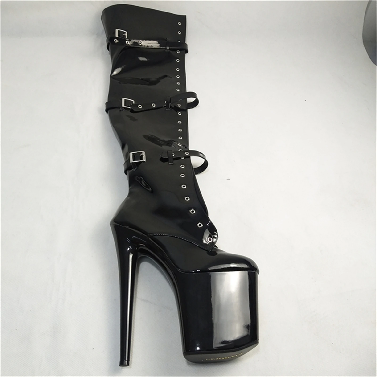 20CM Extreme High Knee Boots for Pole Dance | Black Patent Leather Lace-Up & Buckle Strap | Non-Slip Sole Stage Performance Shoe