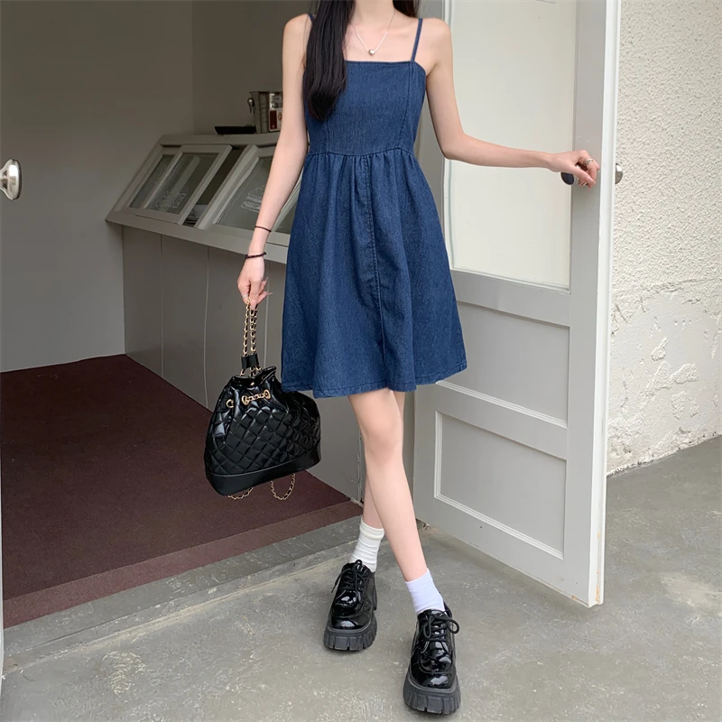 Large Size S-5XL Mini Denim Sling Dresses For Women Summer Female V Neck Sleeveless Blue A Line Vestidos Casual Slim Streetwear