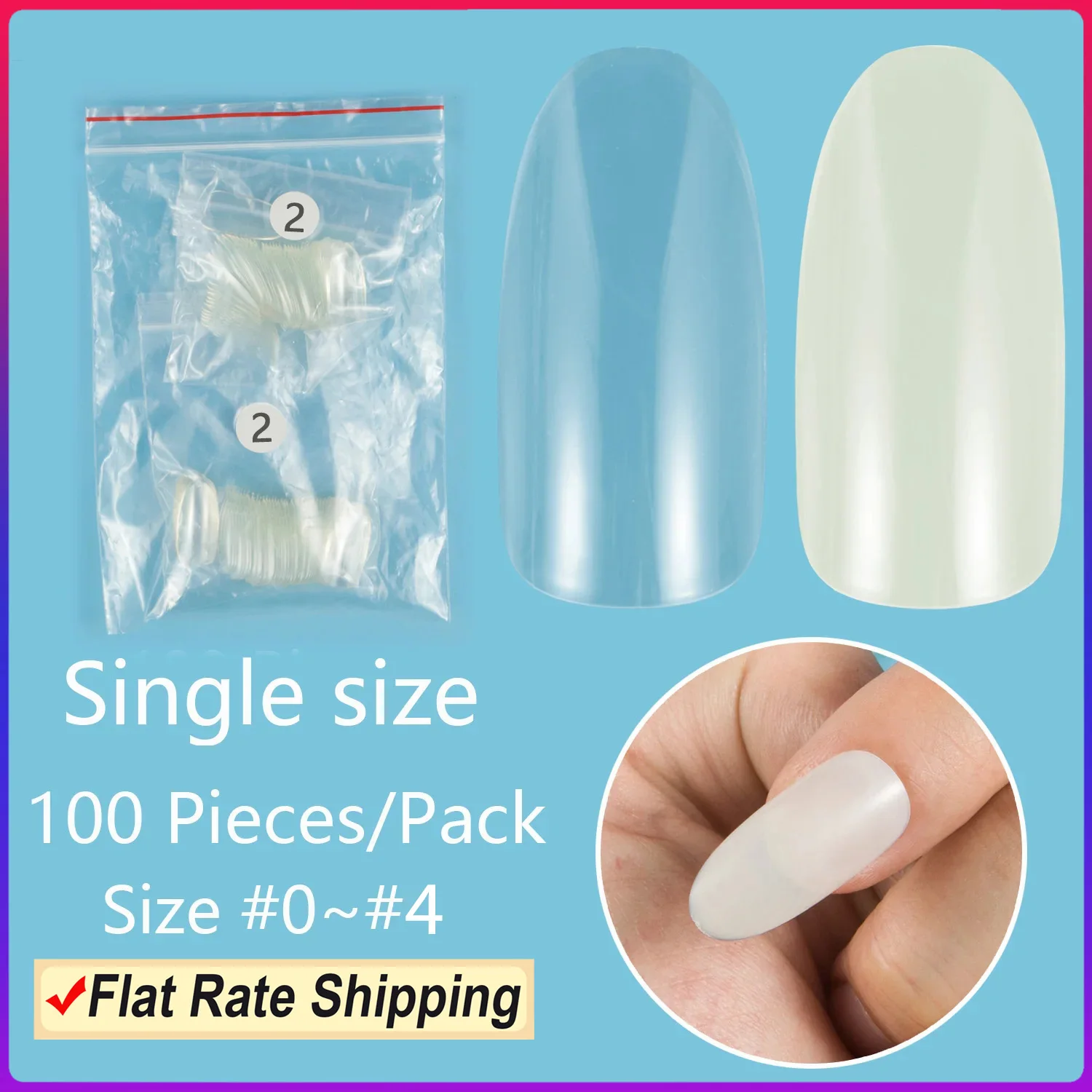 Refill Pack Single 100 Pieces Oval Round False Nail Tips Nail Refill Size 0 to 4 Fake Nails Full Cover Nail Tips Artifical Nails