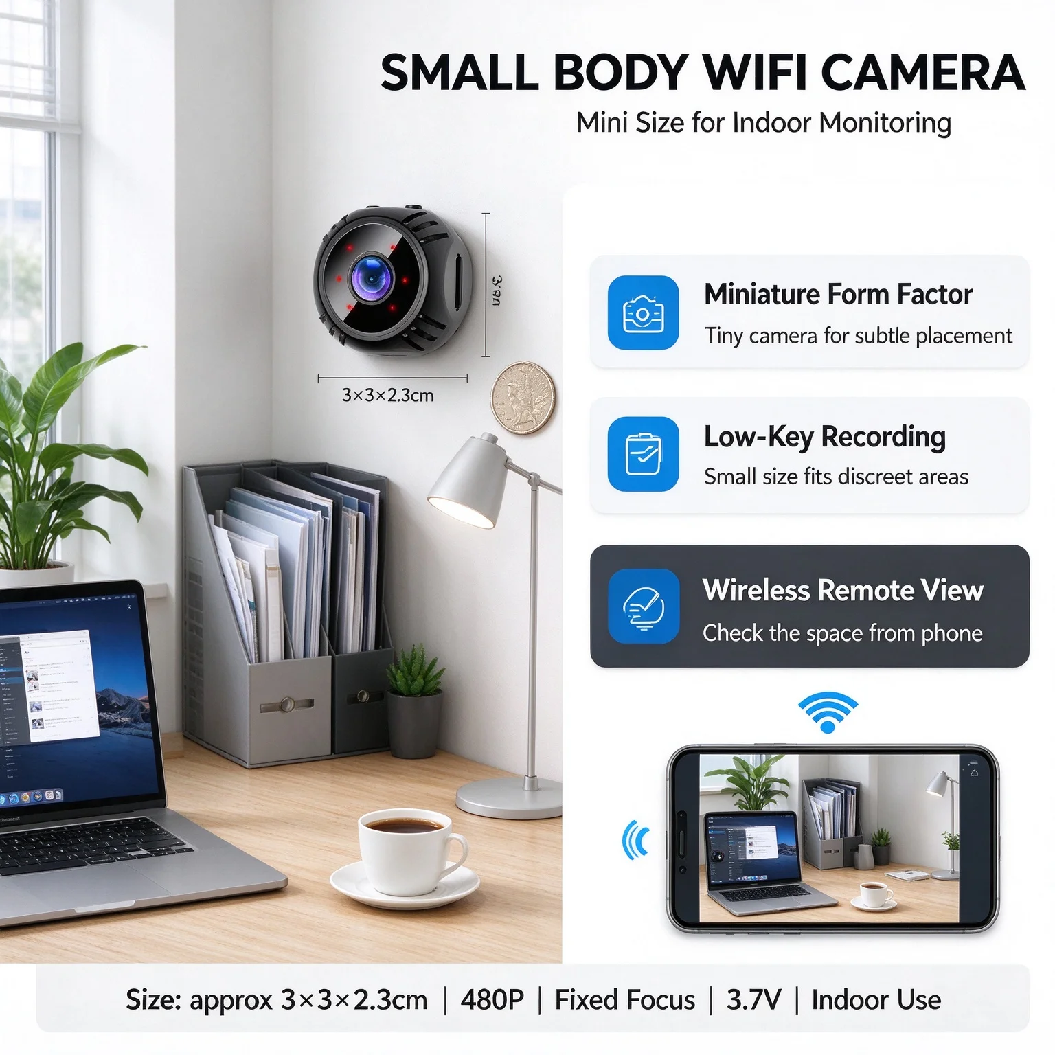 Mini WiFi Camera 480P Wireless Surveillance Camera Indoor Security Camera with Night Vision Motion Detection Magnetic Bracket