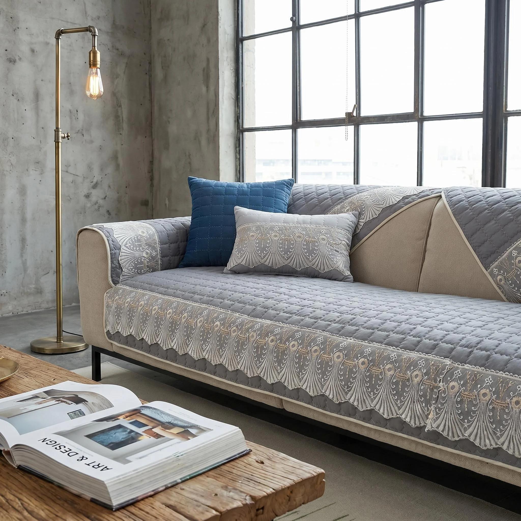 1pc Solid Waffle Quilting Sofa Cover, Anti-Slip Sofa Towel with Lace Decor