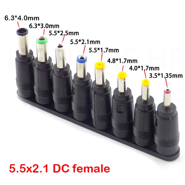 8 sztuk męski na żeński porady moc adapter 5.5X2.1mm DC wtyczka jack złącza adapterów do 6.3 6.0 5.5 4.8 4.0 3.5mm 2.5 2.1 1.7 1.35mm