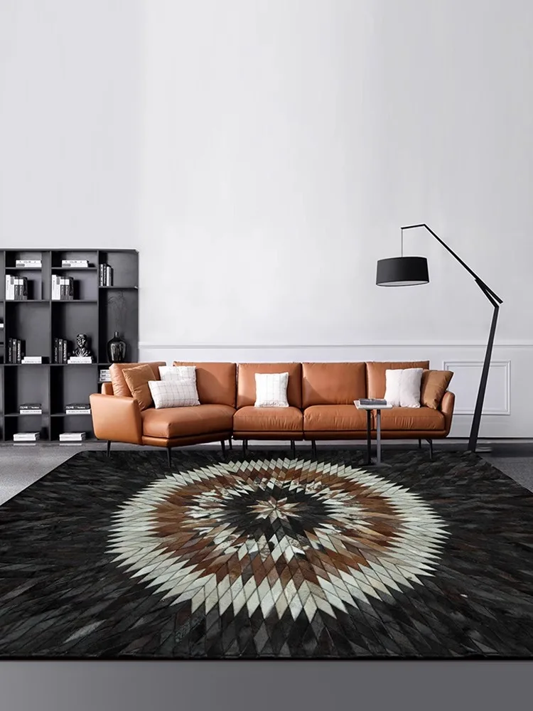 Natural Cowhide Leather Living Room Carpet Modern Black Genuine Cowhide Geometric Coffee Table Beside Mat Bedroom Area Rug