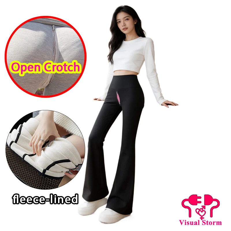 ‌Women Sexy Open Crotch Butt Lift Thermal Leggings Slim Fit Push Up Gym Thicken Pants Outdoor Hidden Zipper Crotchless Clubwear