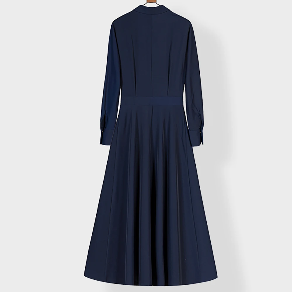 Damska granatowa sukienka koszulowa, elegancka, wysokiej jakości, z temperamentem, nowy jesienny styl, profesjonalny długi garnitur ze spódnicą dla kobiet.