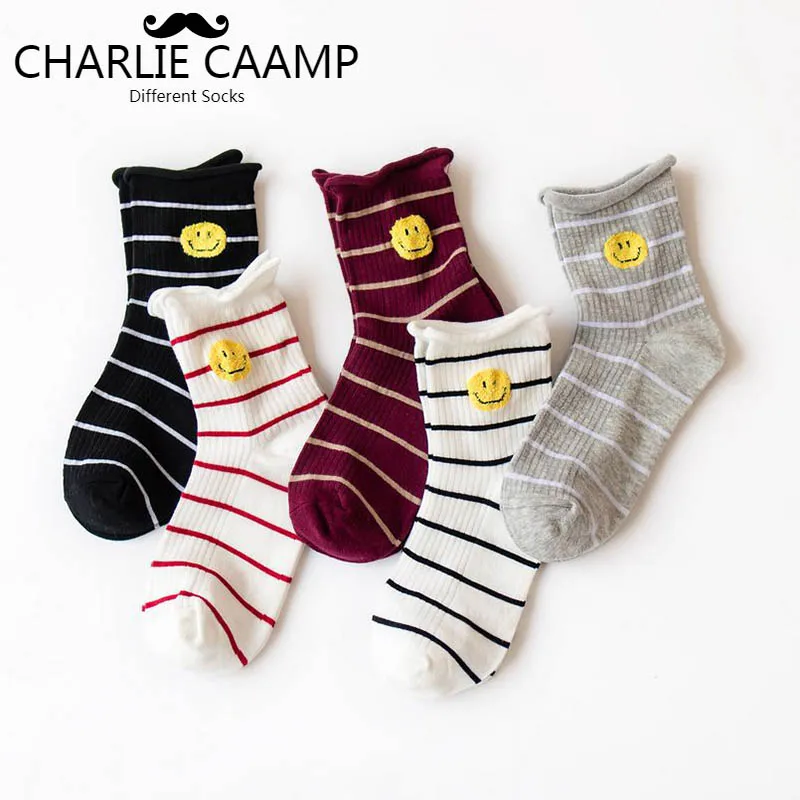 

Ladies Crew Sock Cotton Autumn Winter New Striped Smiley Face Rolled Edge Mid Tube Socks Artistic Style Fashion Women Socks L118