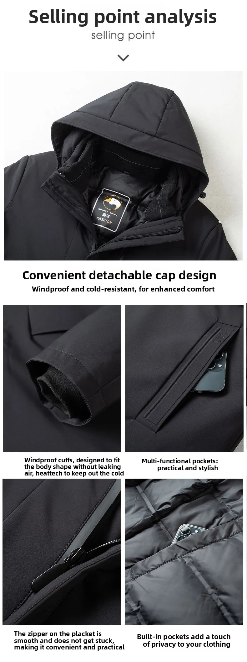 Men's Down Coats and Parkas Mid-length Winter Jackets Padded Puffer Jacket Man Down Jacket Thick Detachable Inner Padding HWY103