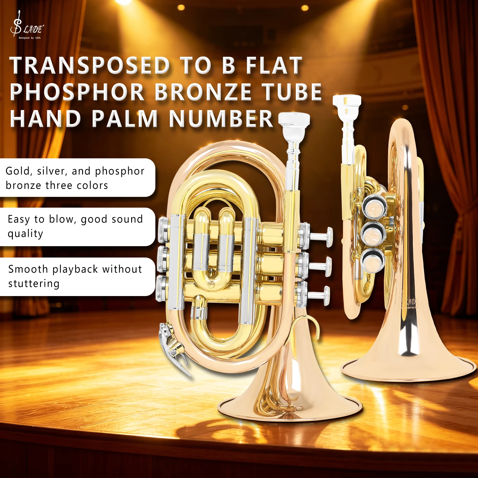 SLADE LDP660 Bb Pocket Trumpet Phosphor Bronze Body Palm Cornet Mini Trumpet Brass Instrument with Case Gloves Accessories