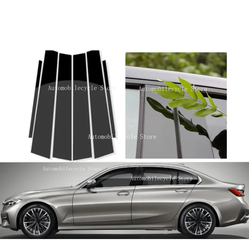 6PCS  Glossy Black Pillar Posts Fit For  BMW 3 Series G20 G21 2019 2020 2021 2022 2023 Window Moulding B C Center Sticker Cover