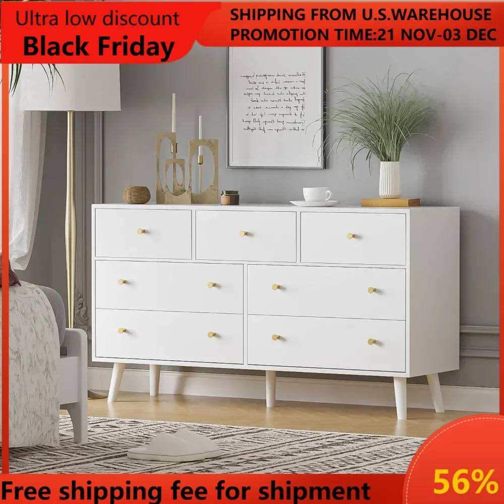 7 Drawers Dresser for Bedroom, 55'' Dressers & Chests of Drawers with Gold Handles and 7 Large Drawer, Modern Double Wooden Stor