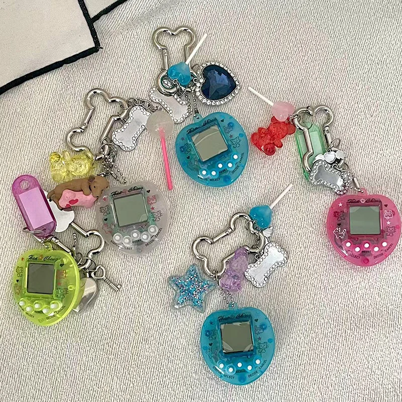 Korean Fashion Rainbow Game Console Bone Keychain Kawaii Harajuku Charm Y2K Crystal Heart Lock DIY Bag Pendant Keychain Vintage