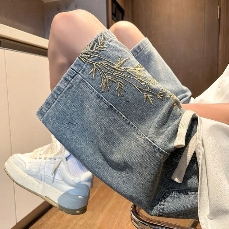 New Chinese Style Bamboo Embroidery Denim Shorts Summer Thin Black Wide Leg Pants 2024  Loose Straight Five-point 