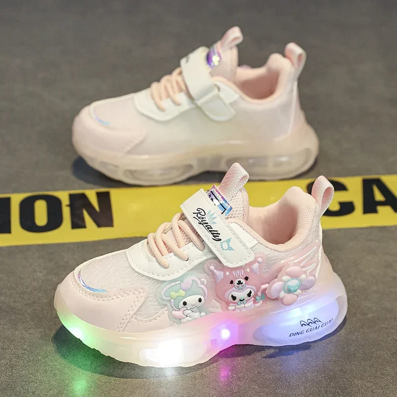 Casual Cute Girls Kuromi LED Shoes Kids Tennis Children Baby Luminous Tennis  Anime Sanrio Lighted Sport  Running Sneakers