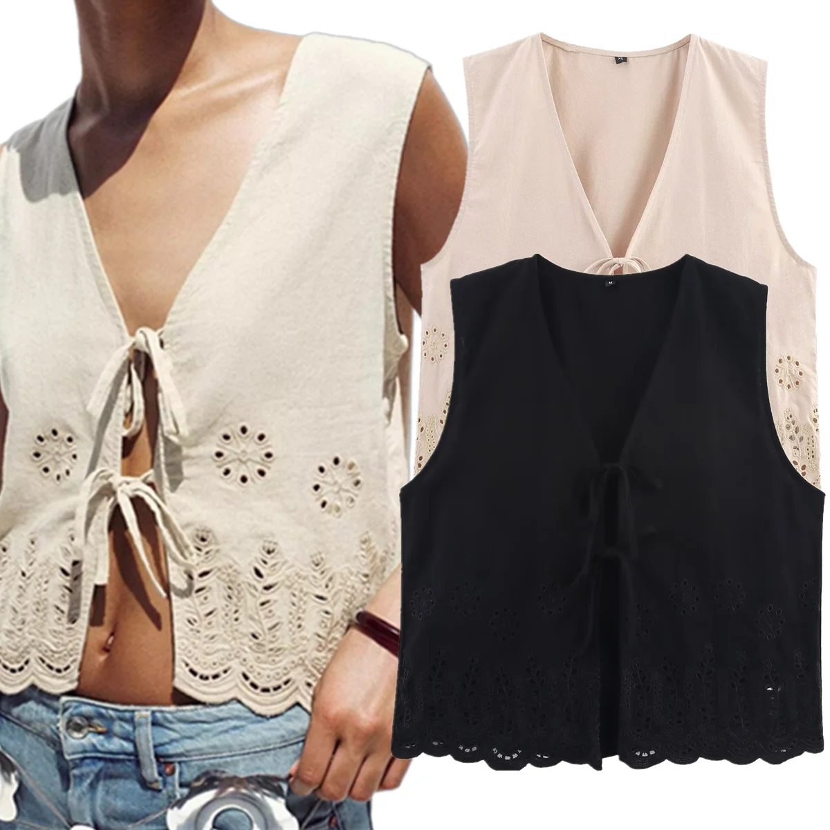 

Maxdutti Summer Camisole Minimalist Hollow Embroidery Cotton Shirt French Holiday Tie-Strap Sleeveless Shirt Blouse Women Top