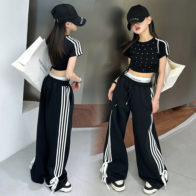 Girl\'s Fashion Set Black Hot Diamond T-shirt + Side Striped Pants Korean High Summer Set Kids Two Piece Suit Princess Clothing