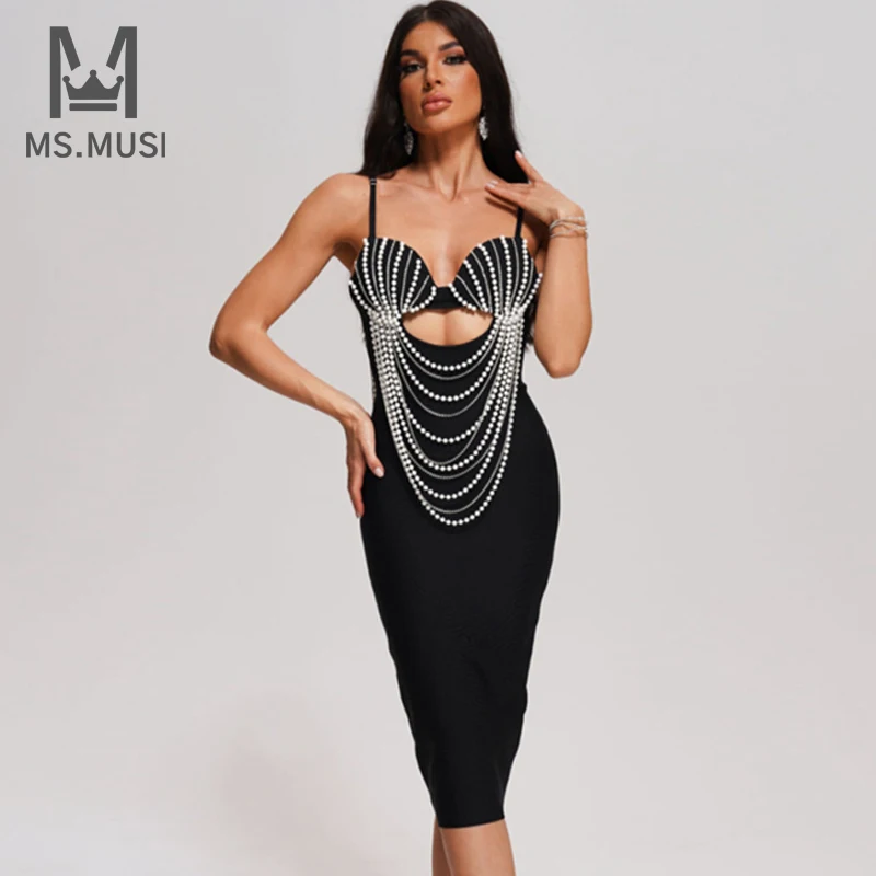 

MSMUSI 2023 New Fashion Women Sexy Strap Crystal Pearl Beading Sleeveless Hollow Out Backless Bandage Party Bodycon Midi Dress