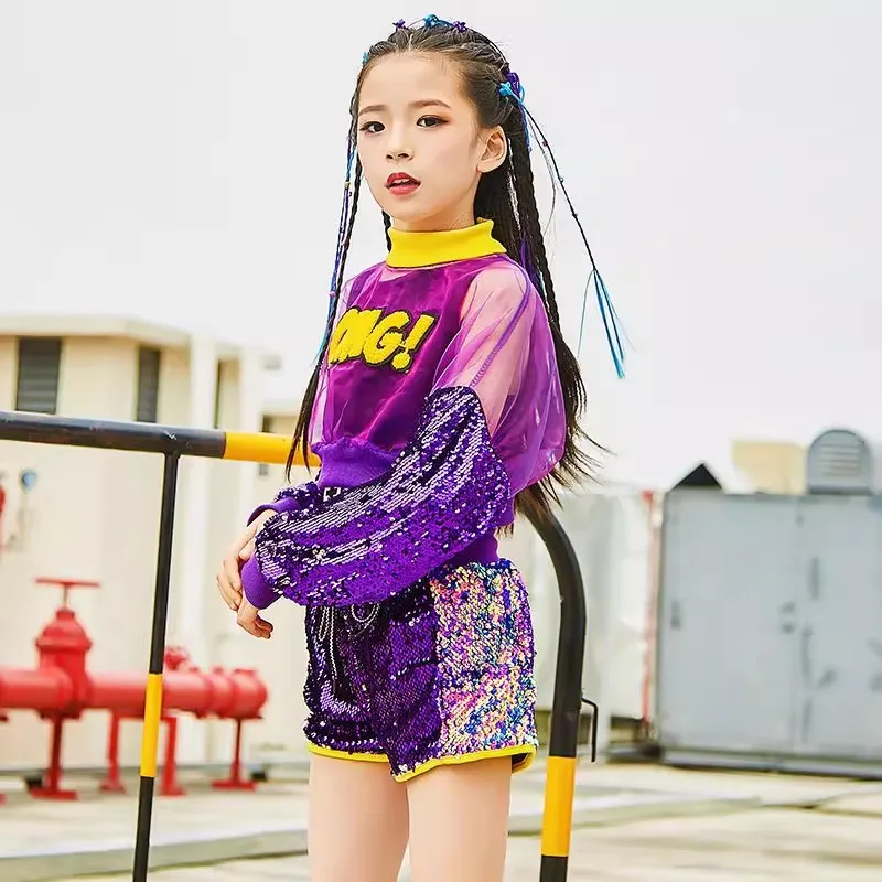 

Костюмы для джазовых танцев для девочек, фиолетовый марлевый костюм с блестками, детская одежда в стиле хип-хоп, современная одежда для уличных танцев
