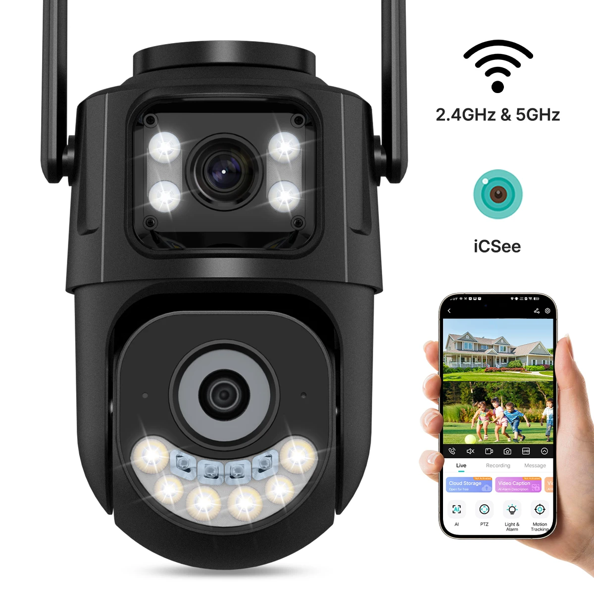 WONSDAR Kamera WiFi 2.4Ghz&5Ghz PTZ Zewnętrzna Kamera Bezpieczeństwa IP Automatyczne Śledzenie Noktowizor Monitoring Wideo CCTV iCsee