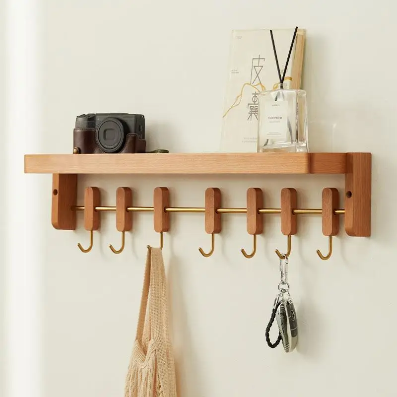 

Cherry Wood Entryway Organizer Wall-Mounted with Movable Hooks Multifunctional Coat Hooks Key Holder & Minimalist Bag Hanger