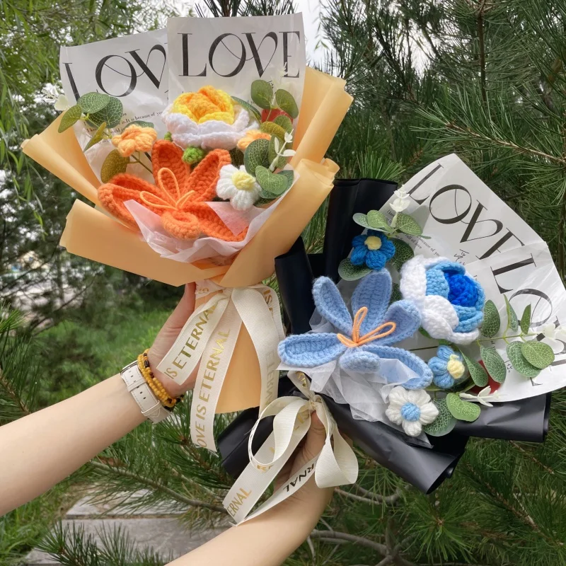 الانتهاء من محبوك روز عباد الشمس قرنفل الكروشيه اليدوية باقات عيد الحب عيد الأم هدية التخرج
