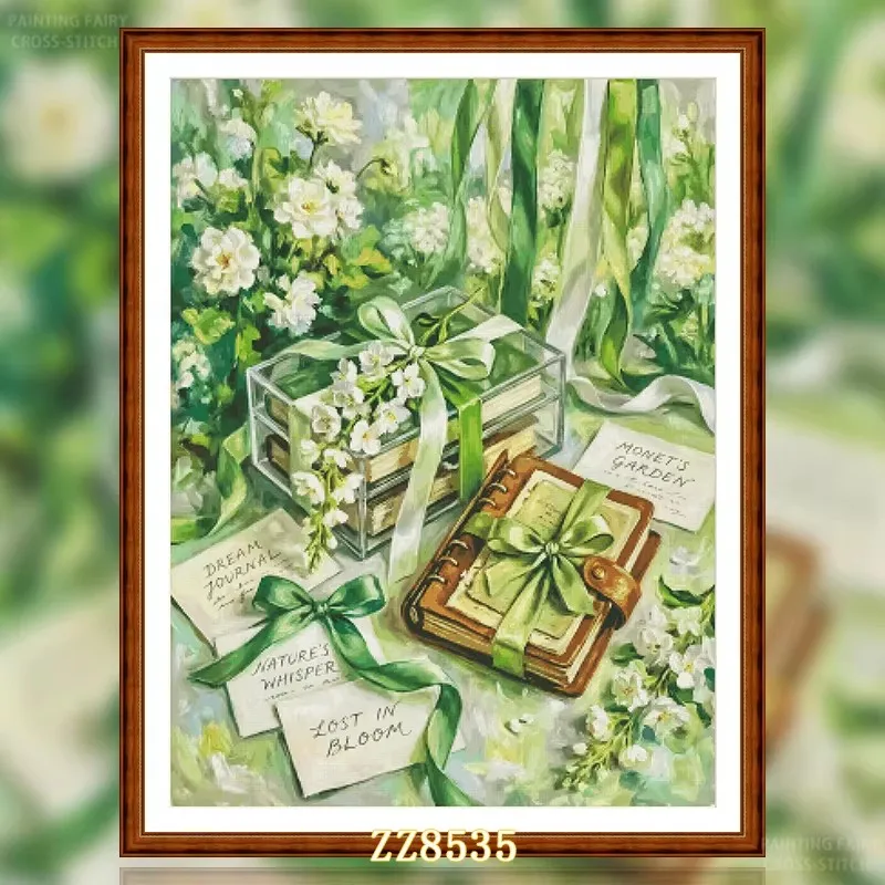 

ZZ8535 - Green Book 14CT 16CT 18CT Stamped Cross Stitch DIY Set Pattern Kit Needlework Embroidery