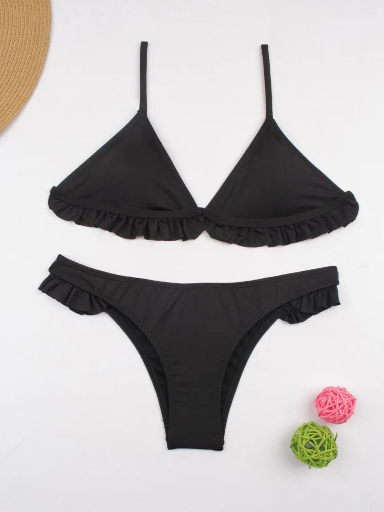 Bikini Women Swimsuit 2025 New Solid Sling Buckle Ruffles Bikinis Set Sexy Swimwear Summer 2 Piece Set Beach Bathing Suit Female