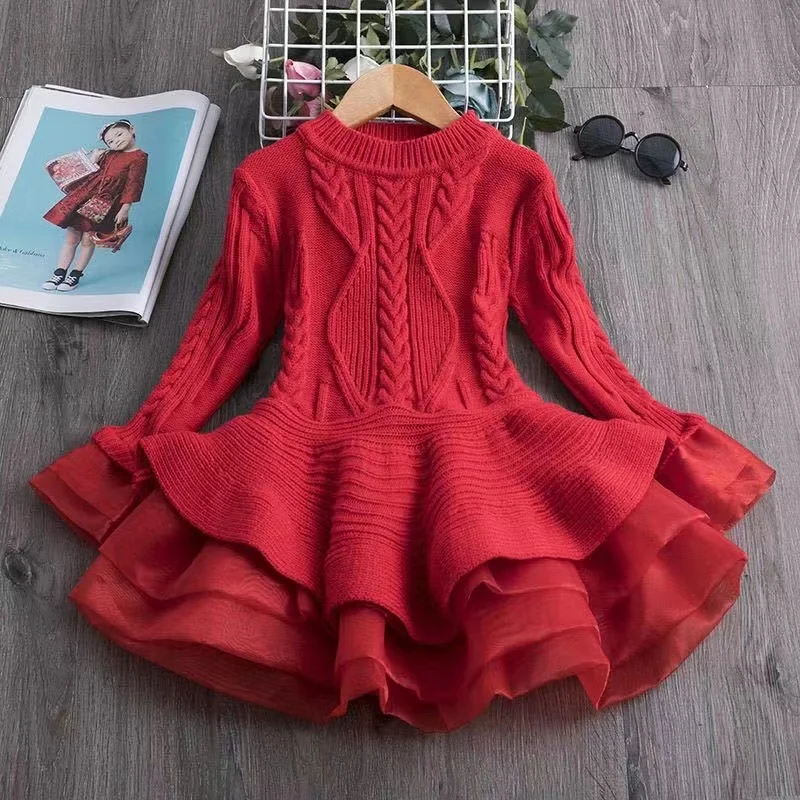 

Princess Dress Christmas Evening Party Baby Dresses Knitted Sweater Dress For Girls Winter Warm Long Sleeve Autumn Kids