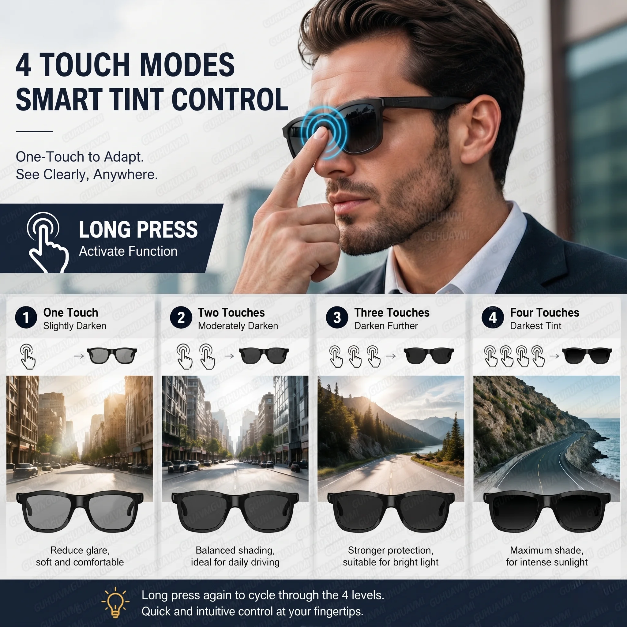 New 4-Levels Electrochromic AI Glasse Bluetooth Smart Glasses ChatGPT 164+Language Translation Music Hands-Free Calls Sunglasses