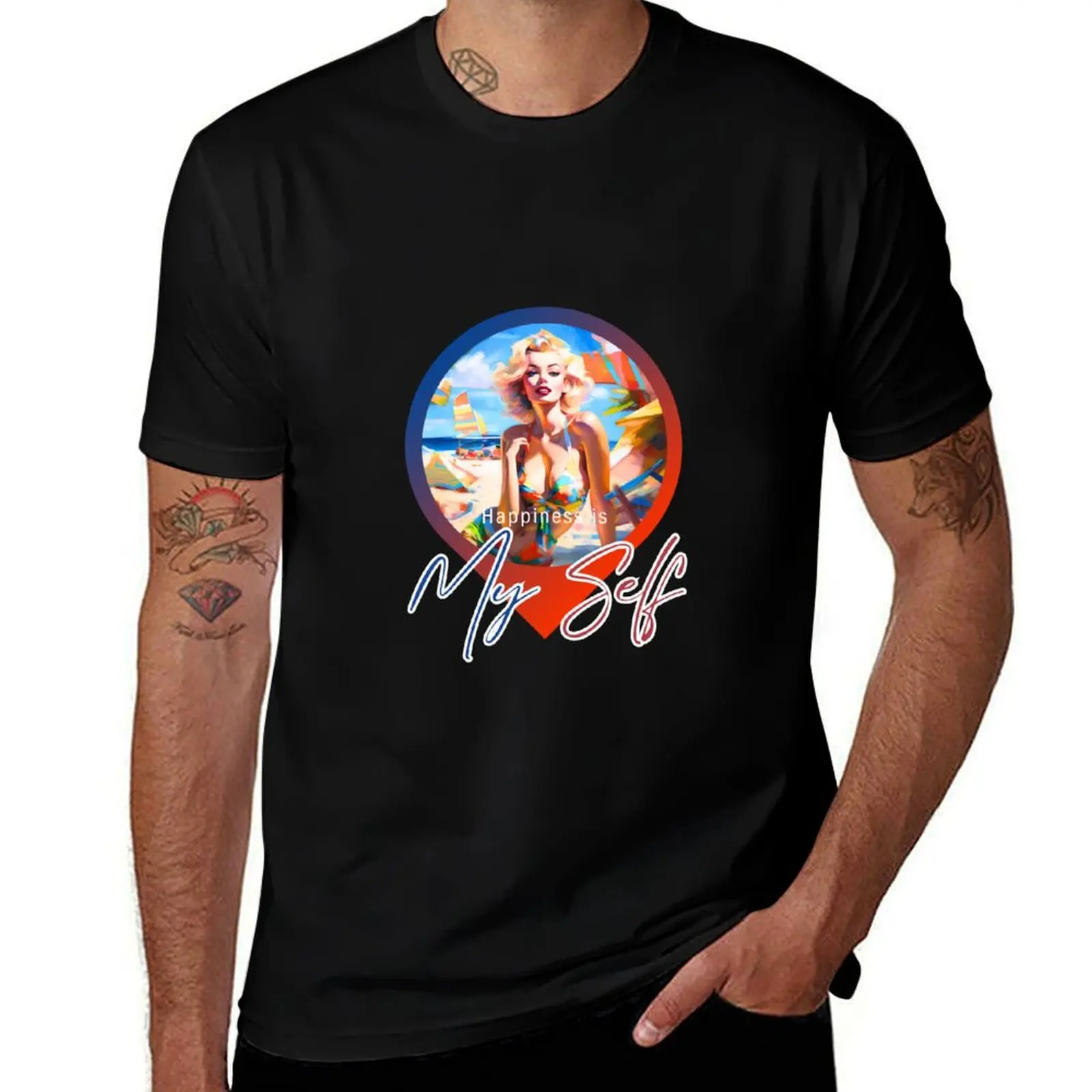 Beach Bliss - T-shirt à col rond uni minimaliste avec impression artistique rétro Pin-Up