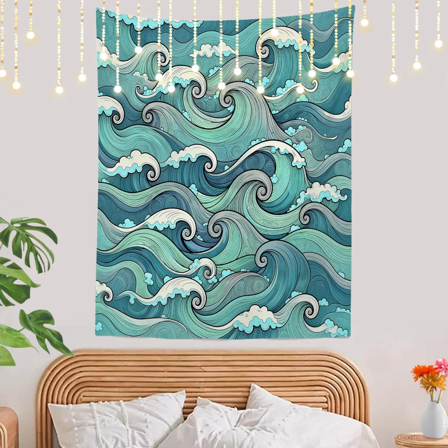 Japanese Illustration Wall Tapestry, Blue Ocean Plain Paisley Navajo Teal Wall Hanging Large Tapestry Decoration Polyester Fiber