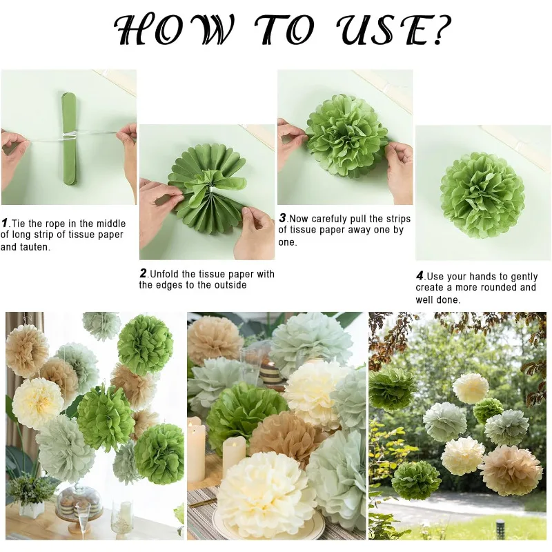 Olive Sage Green Tissue Paper Pom Poms Safari Jungle Party Decorations Paper Flowers Decorations Natural Green Boho Hanging