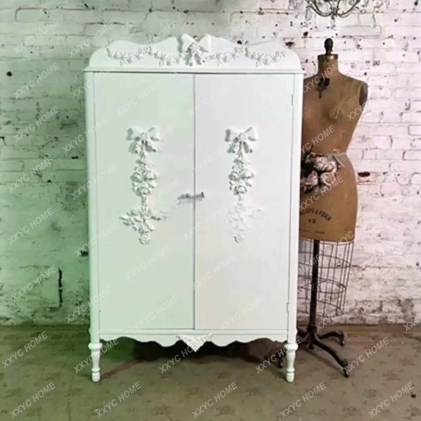 Country solid wood carving flower bow bedroom storage double door wardrobe romantic storage two door wardrobe