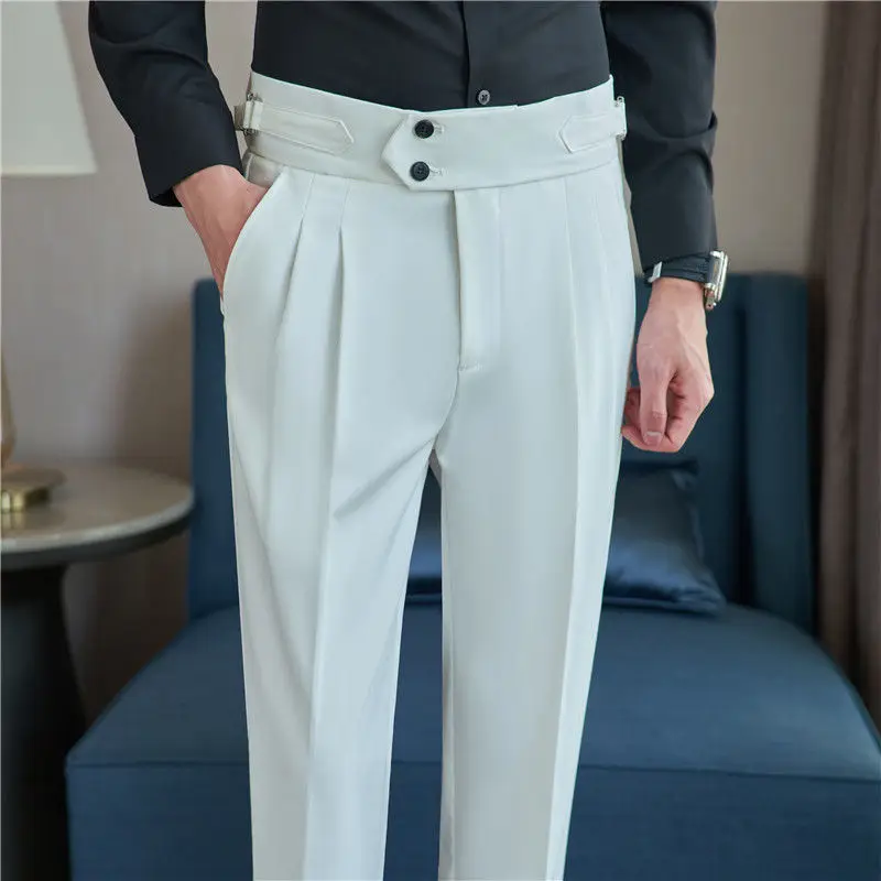 

British Style High Quality Dress Pant Men Solid Slim Fit Casual Office Trousers Formal High Waist Suit Pant Male Clothing A117