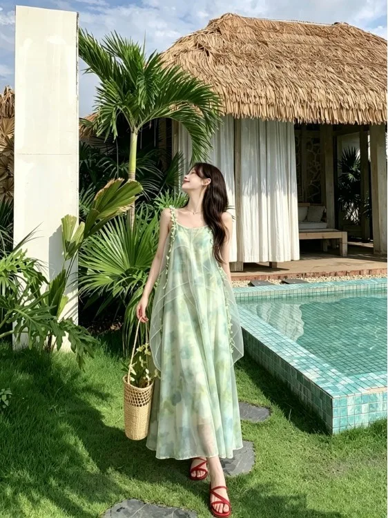 

Sexy Loose Beach Vacation Green Color Block French Style Printed Maxi Dress Breathable Comfortable Sleeveless Maternity Dress