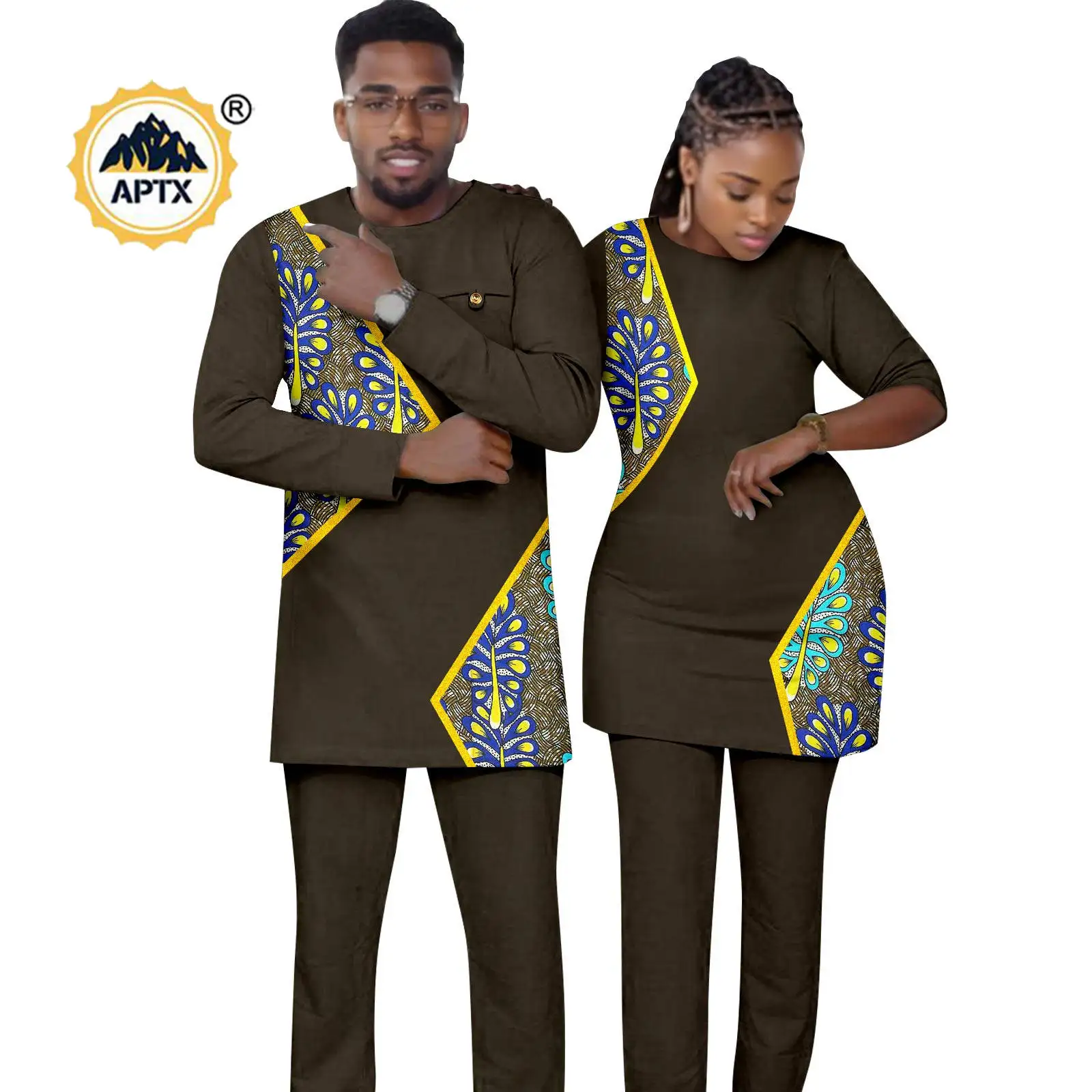 Dashiki African Clothes for Men Matching Couple Outfits Bazin Riche Women Print Bright Silk Long Sleeve Top and Pant Sets 24C053