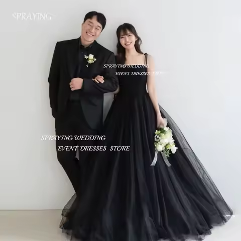SPRAYING Black Tulle Evening Dress A line Square Collar Strap Floor Length Korea Wedding Photo Shoot Dress Corset Customized
