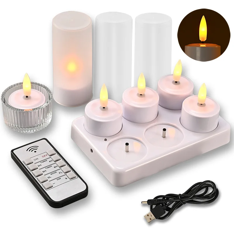 

Set Of 12/6 3D Flameless Led Tea Light Candles Warm Light Rechargeable yellow flash tea candle with timing remote control