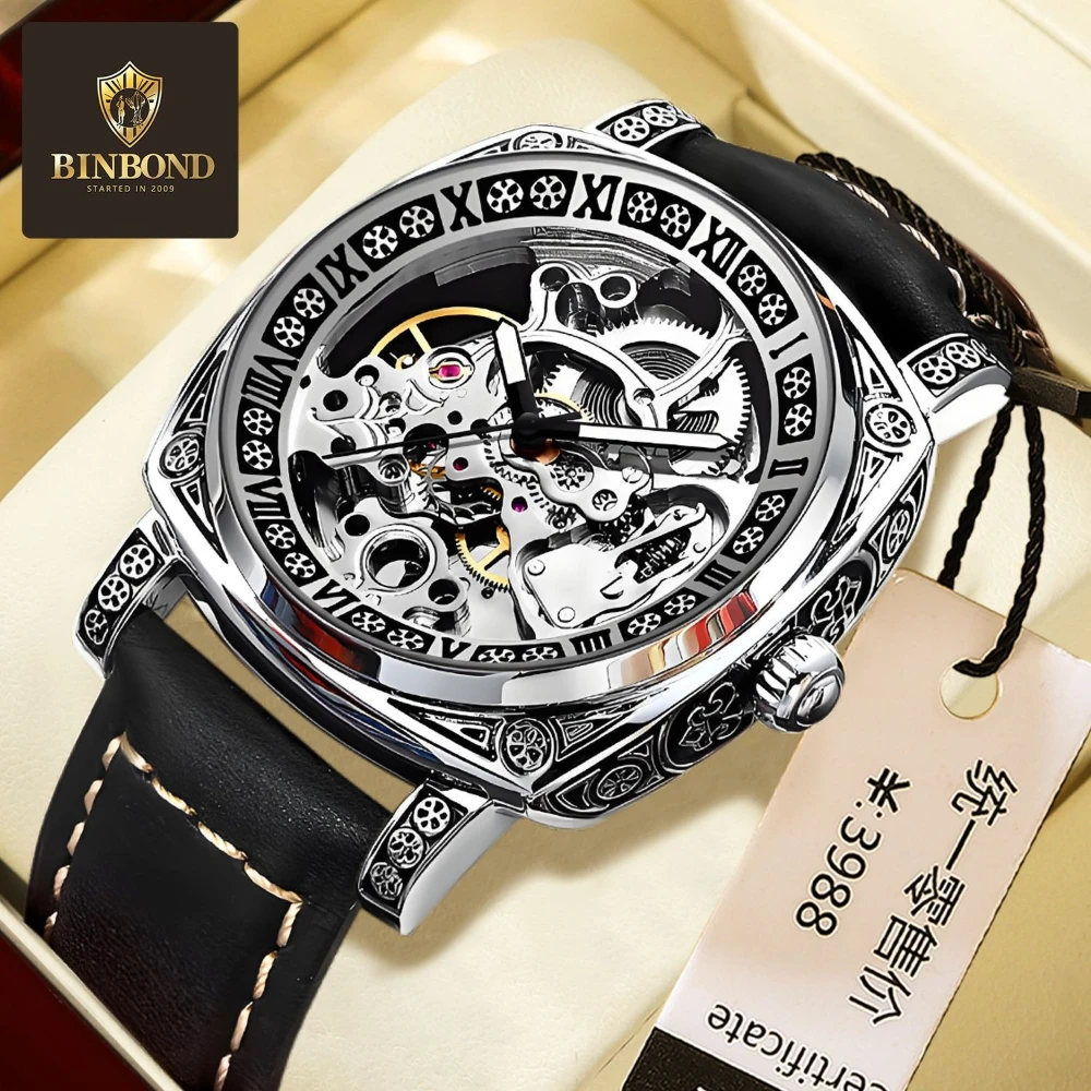 

BINBOND 1277 New Men's Mechanical Watch Night Light Waterproof Multi Functional Carved Carving Automatic Watches for Man Reloj